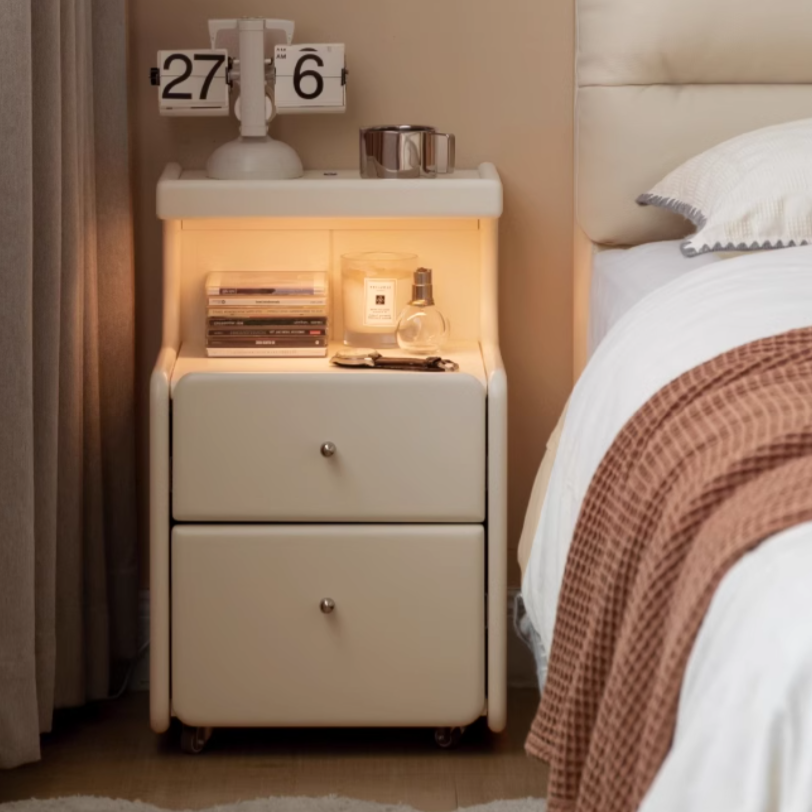 Solid RubberWood Movable Cream Style Nightstand With Light
