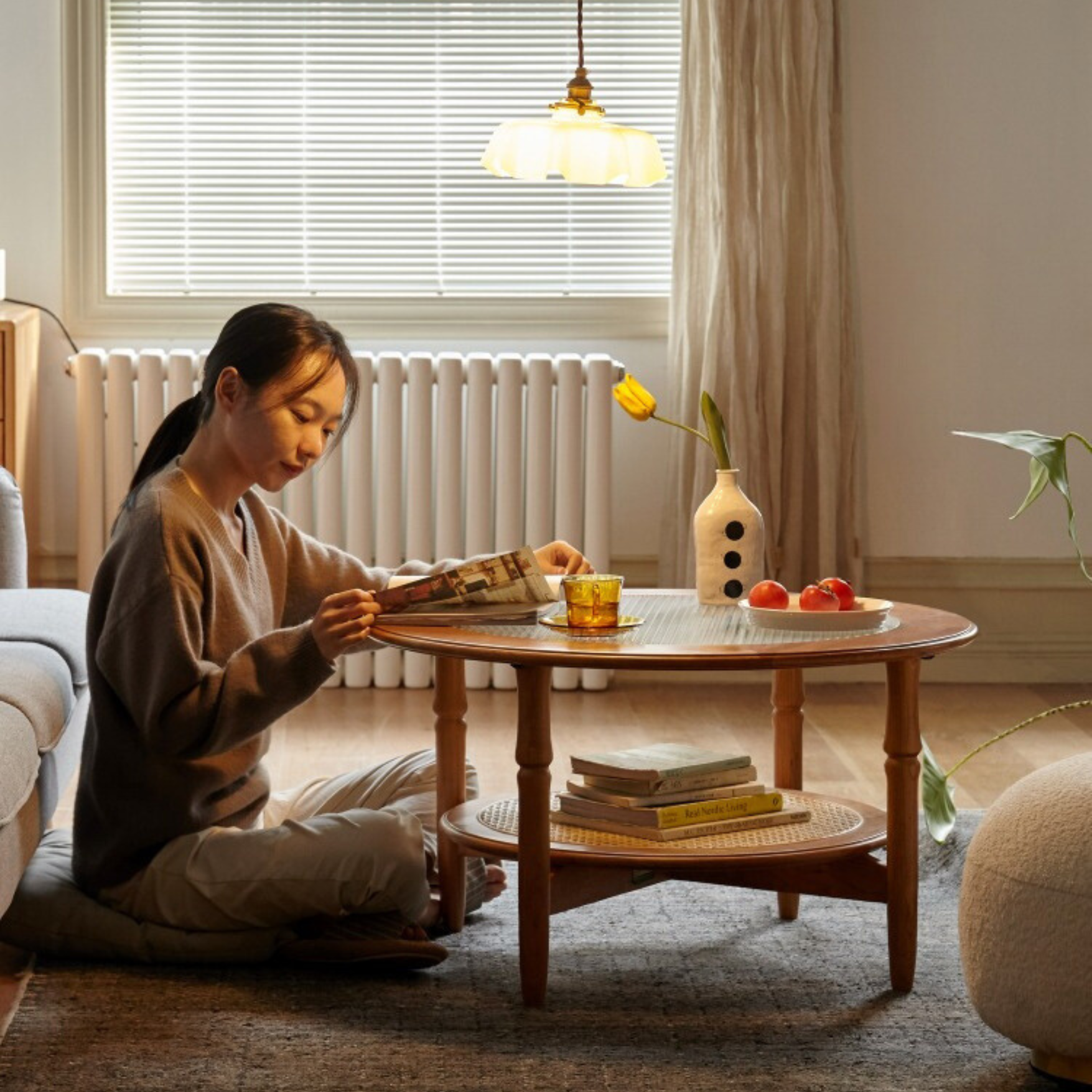 Cherry Wood Solid Wood Glass Round Coffee Table