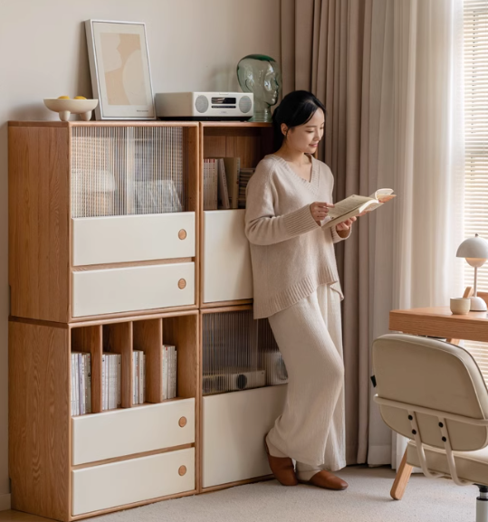 Oak, Beech Solid Wood Cream Style Module Combination Bookcase