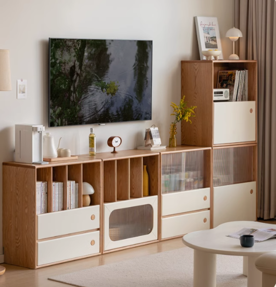Oak, Beech Solid Wood Cream Style Module Combination Bookcase