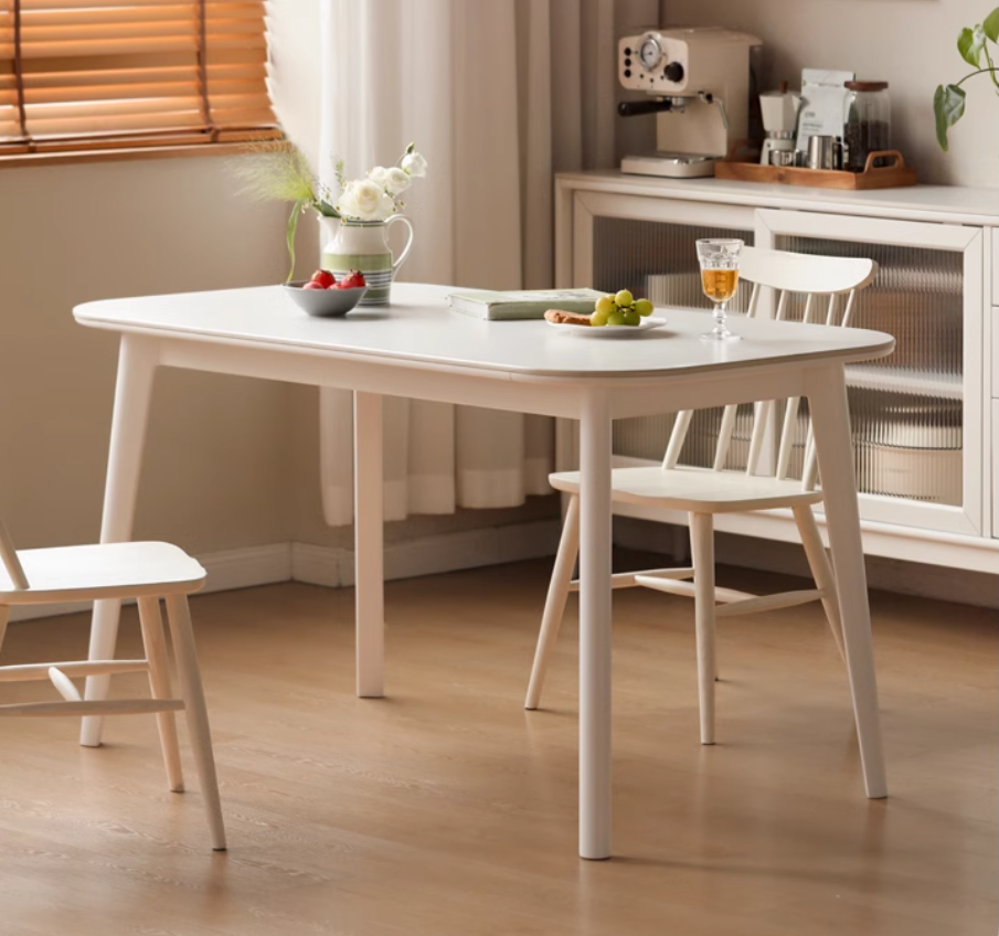 Solid Rubberwood White Cream Style Rock Board Dining Table