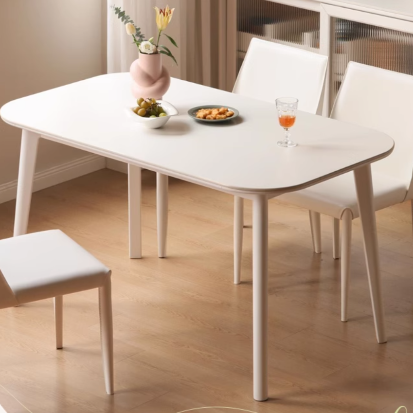 Solid Rubberwood White Cream Style Rock Board Dining Table