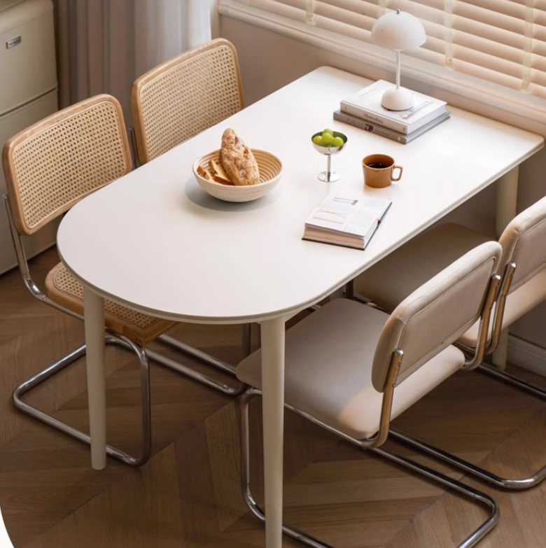 Birch Solid Wood White Cream Style Semi-Circular Rock Plate Dining Table