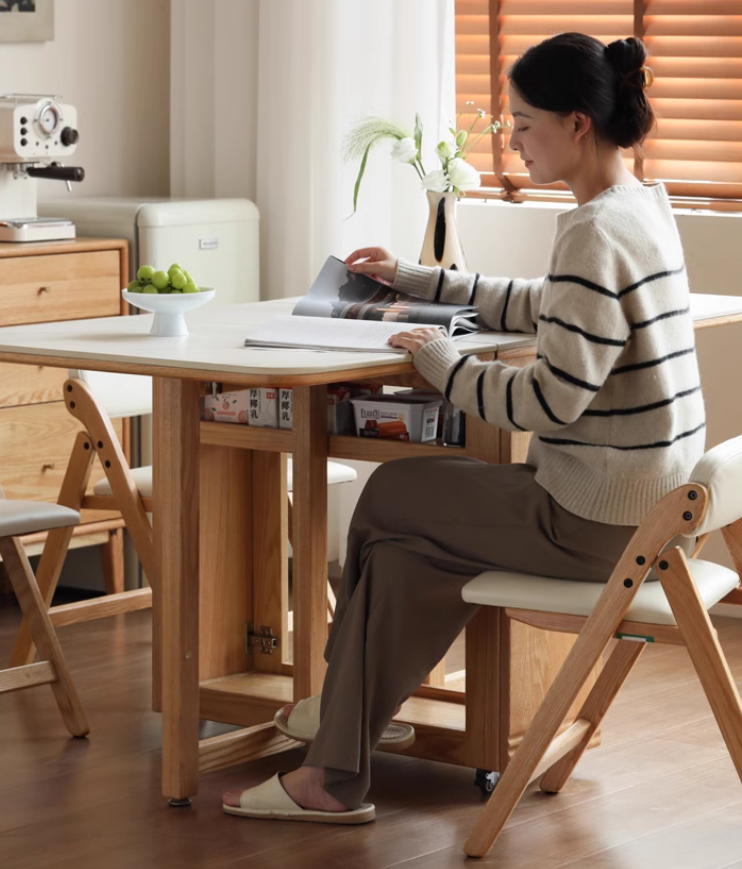 Solid Rubberwood, Oak Solid Wood Modern Rock Slab Folding Dining Table