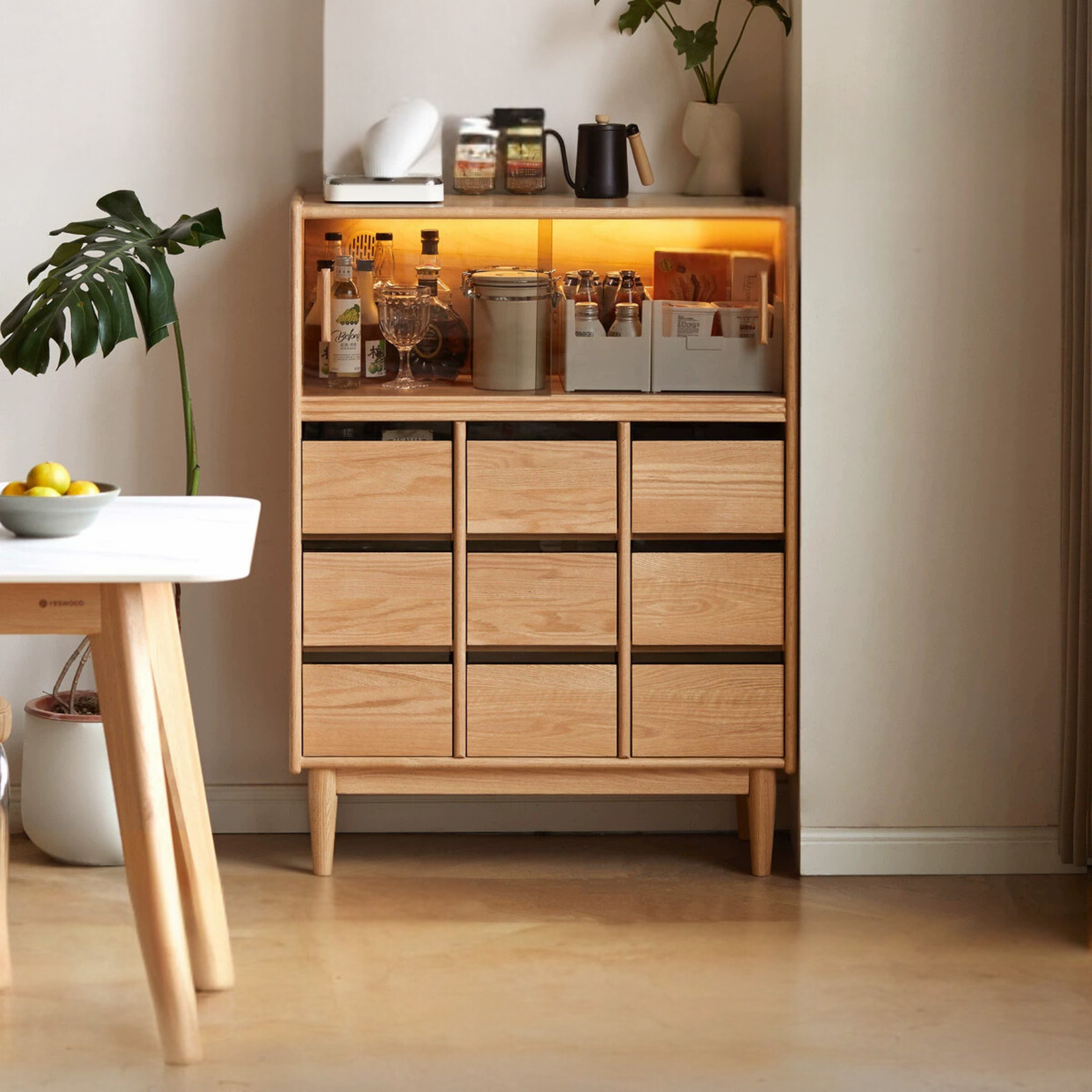 Oak Solid Wood, Solid RubberWood Dining Modern Sideboard