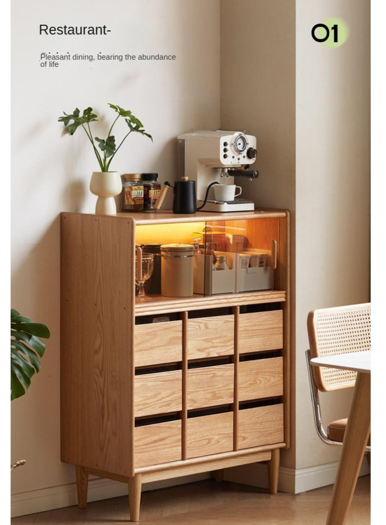 Oak Solid Wood, Solid RubberWood Dining Modern Sideboard