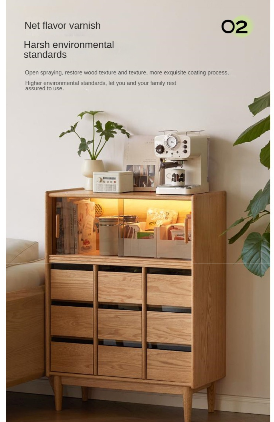 Oak Solid Wood, Solid RubberWood Dining Modern Sideboard