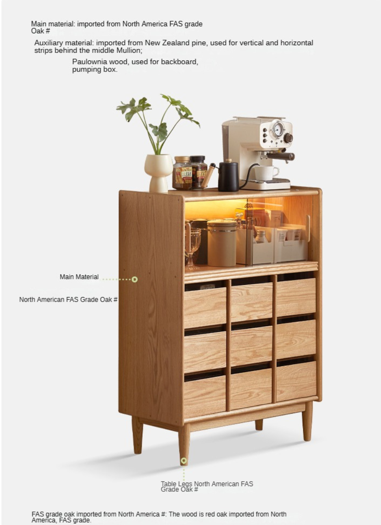 Oak Solid Wood, Solid RubberWood Dining Modern Sideboard