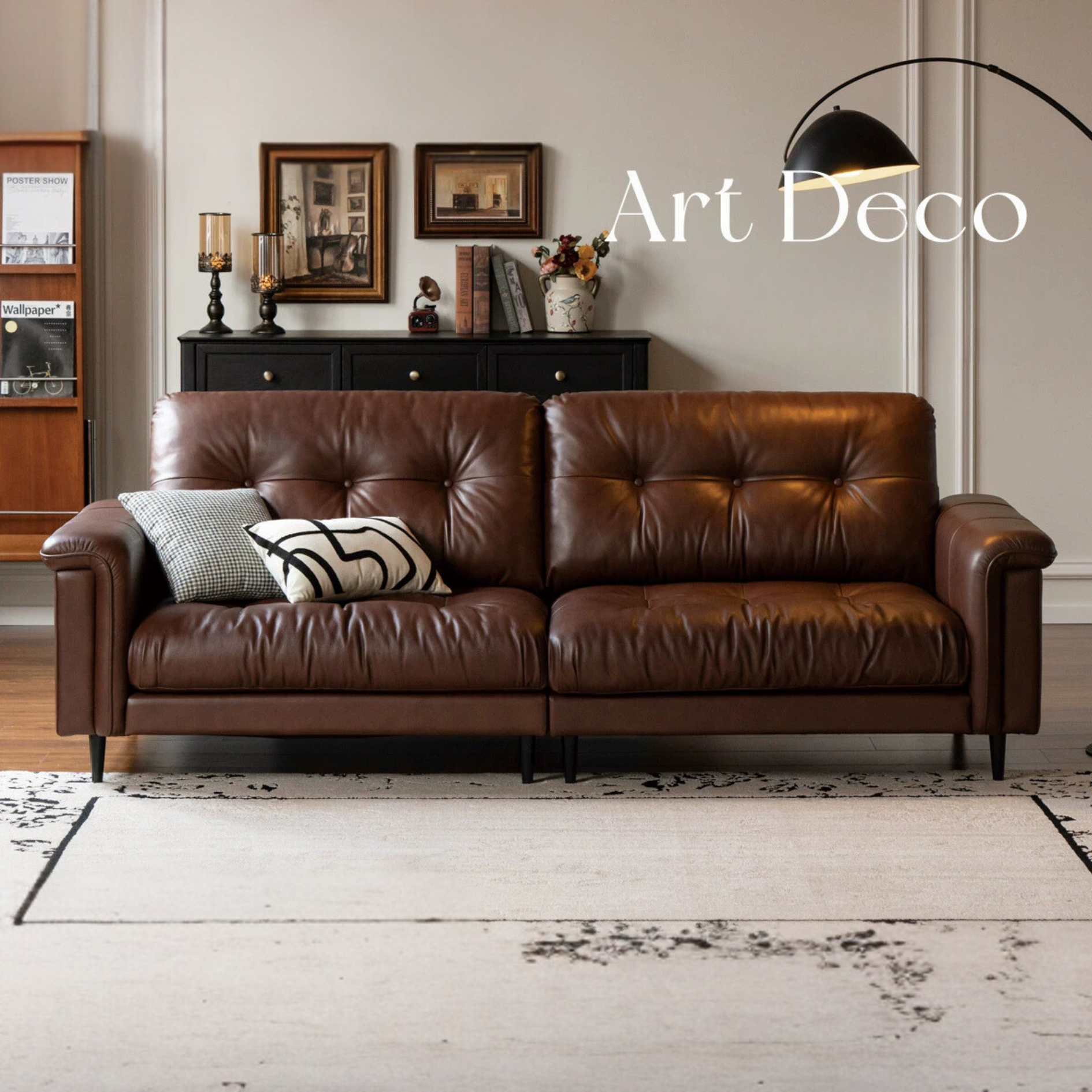 Leather Sofa American Retro Top Layer Cowhide Straight Sofa,