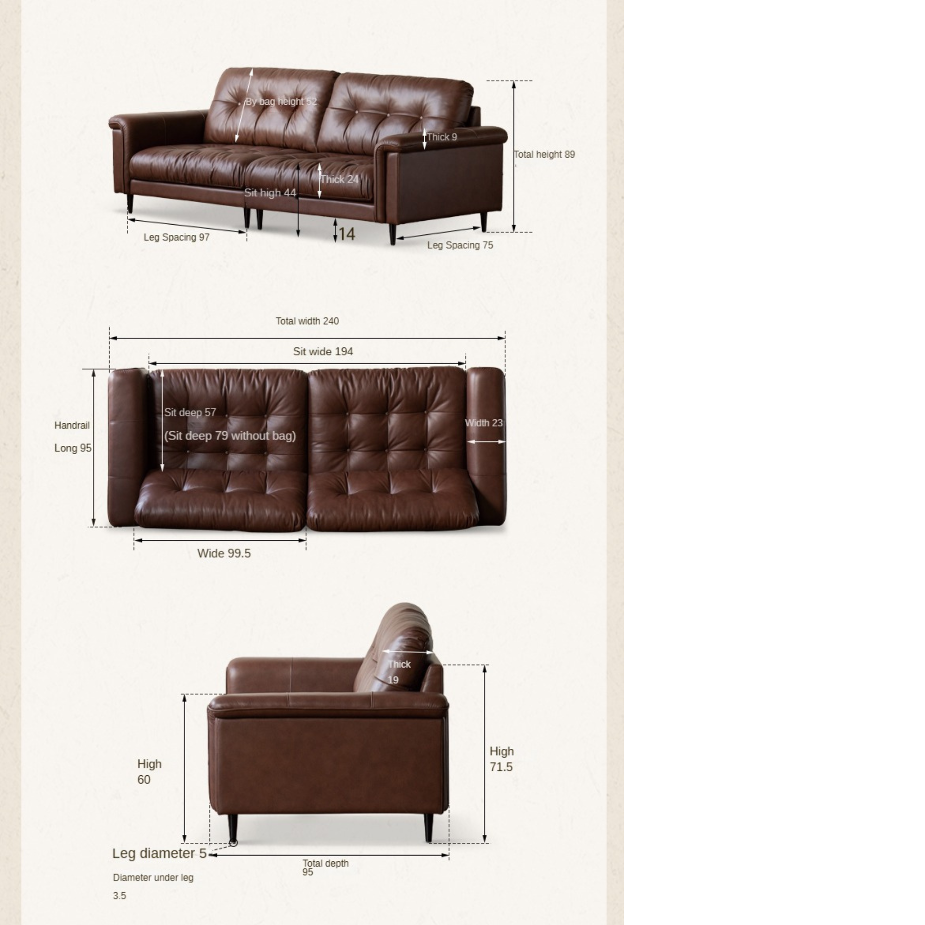 Leather Sofa American Retro Top Layer Cowhide Straight Sofa,