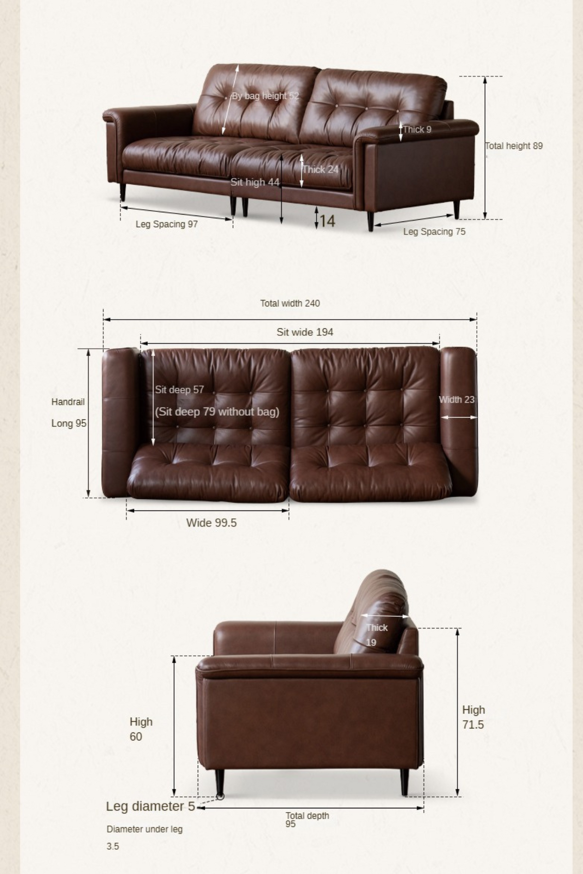 Genuine Leather Roll Arm Leather Sofa with Biscuit Tufted Back