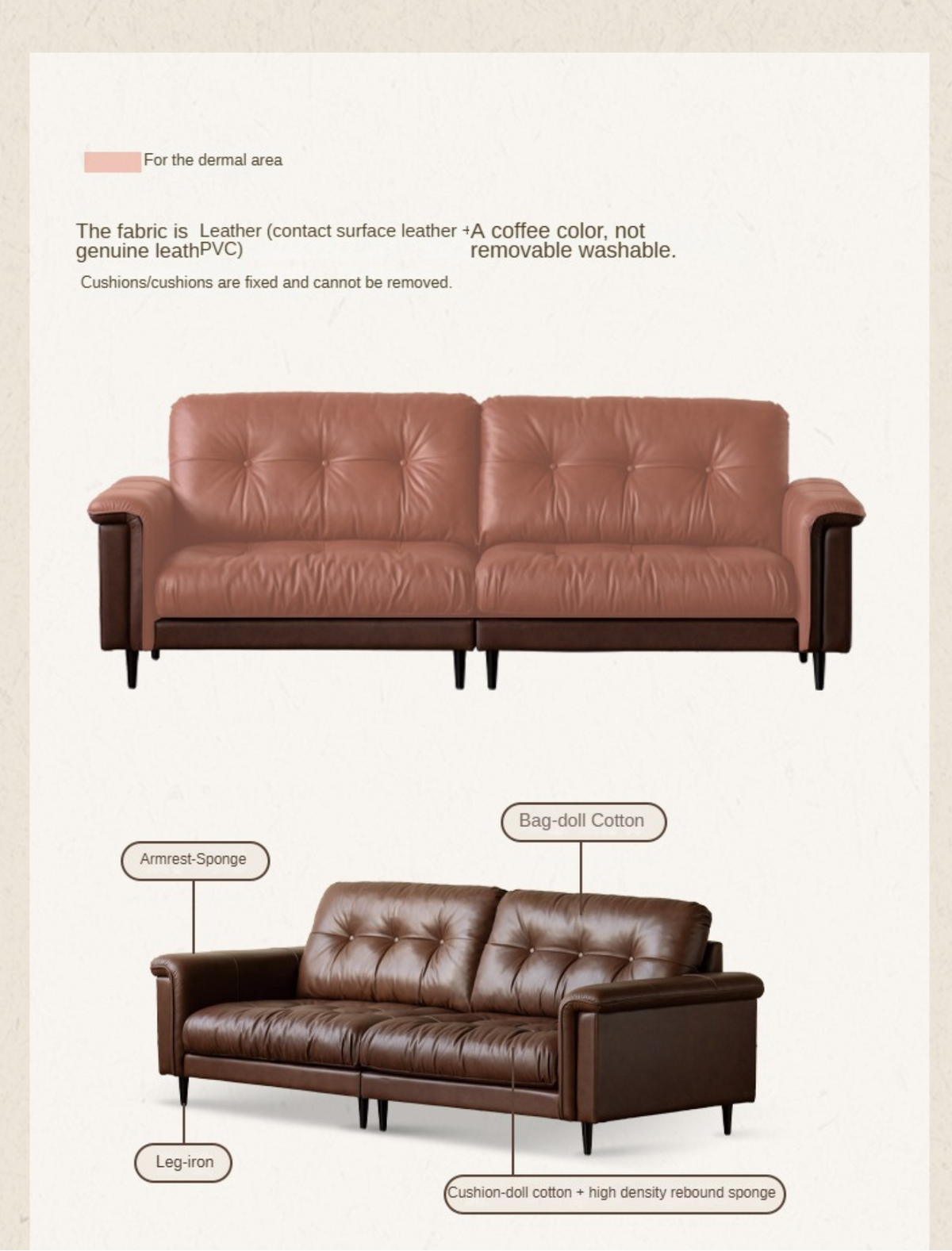 Genuine Leather Roll Arm Leather Sofa with Biscuit Tufted Back