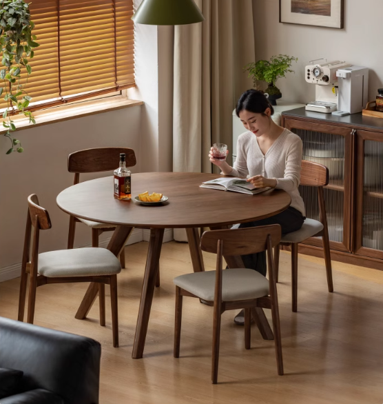 Black Walnut Solid Wood Retro Round Dining Table.