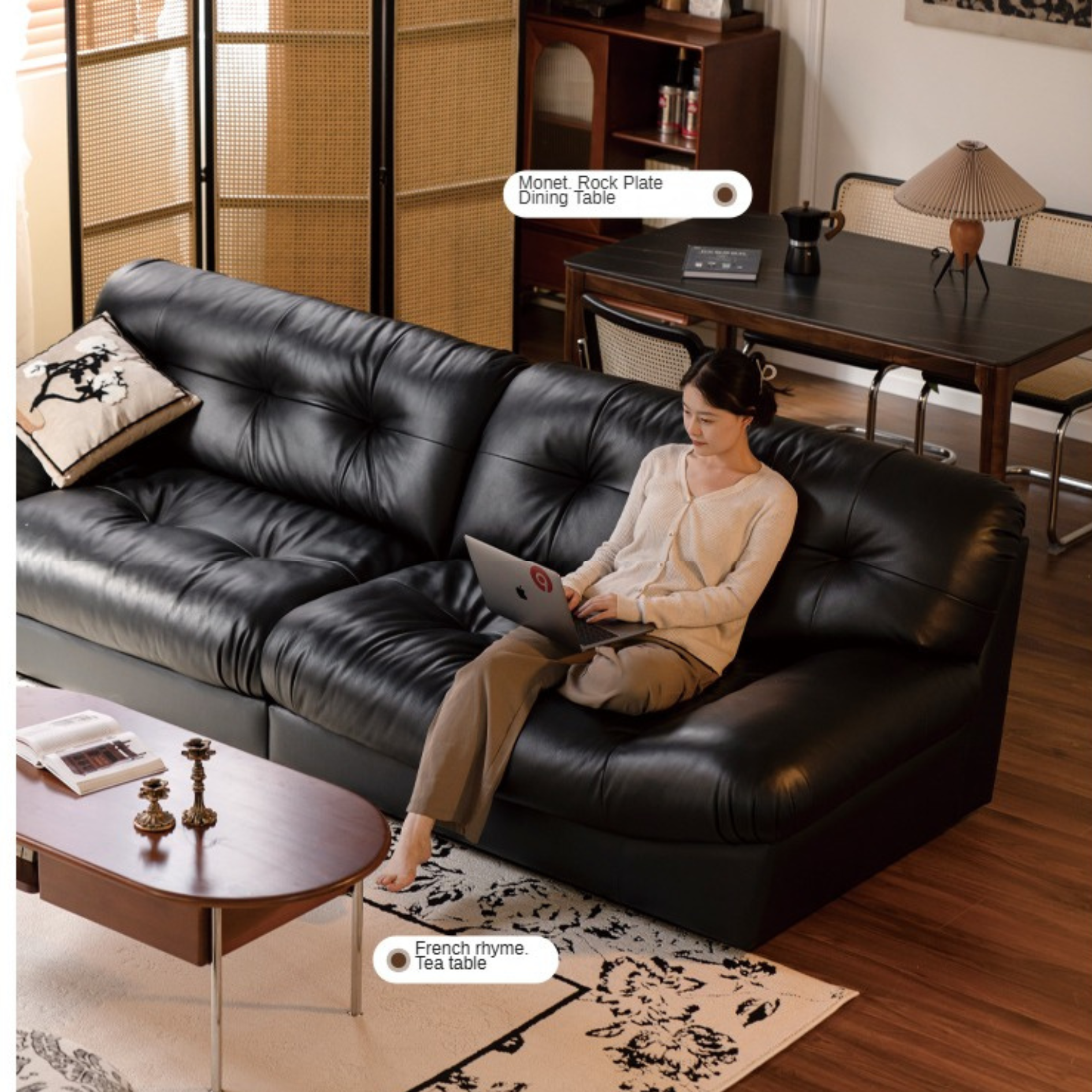 Leather Sofa First Layer Cowhide Black Sofa.