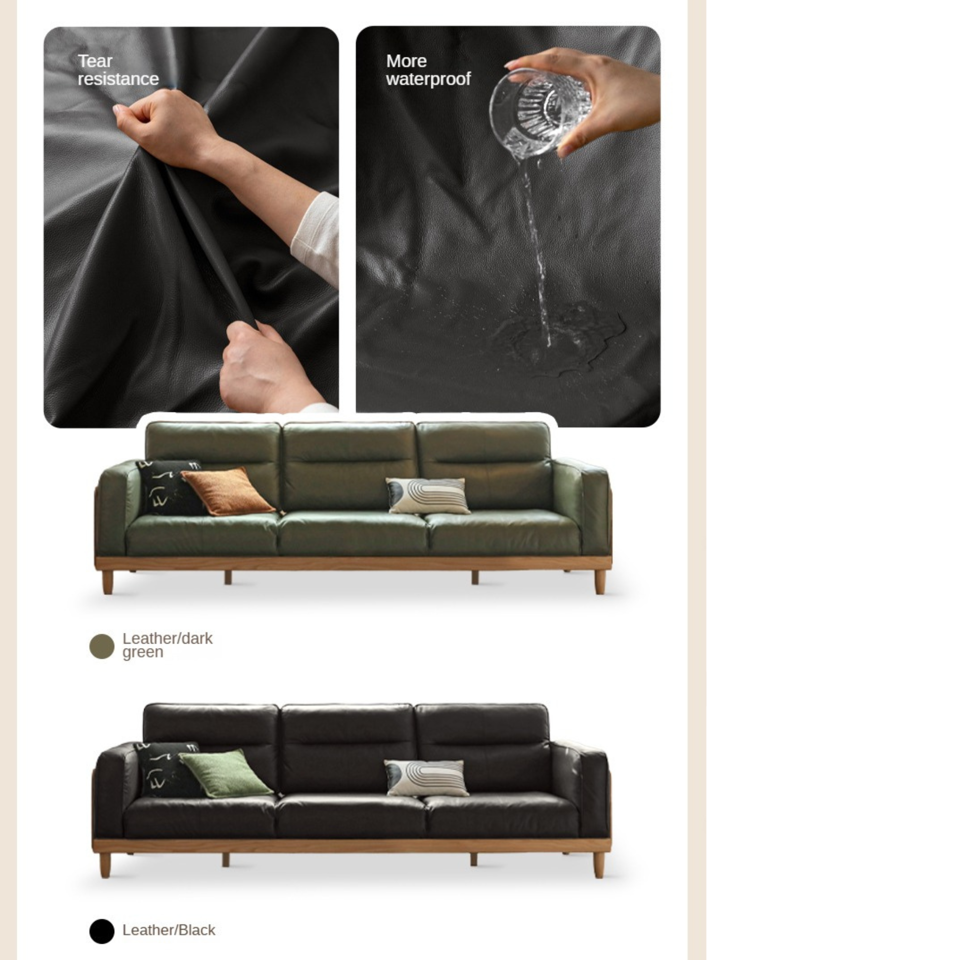 Oak Solid Wood Straight High Back Cloth Leather Sofa,