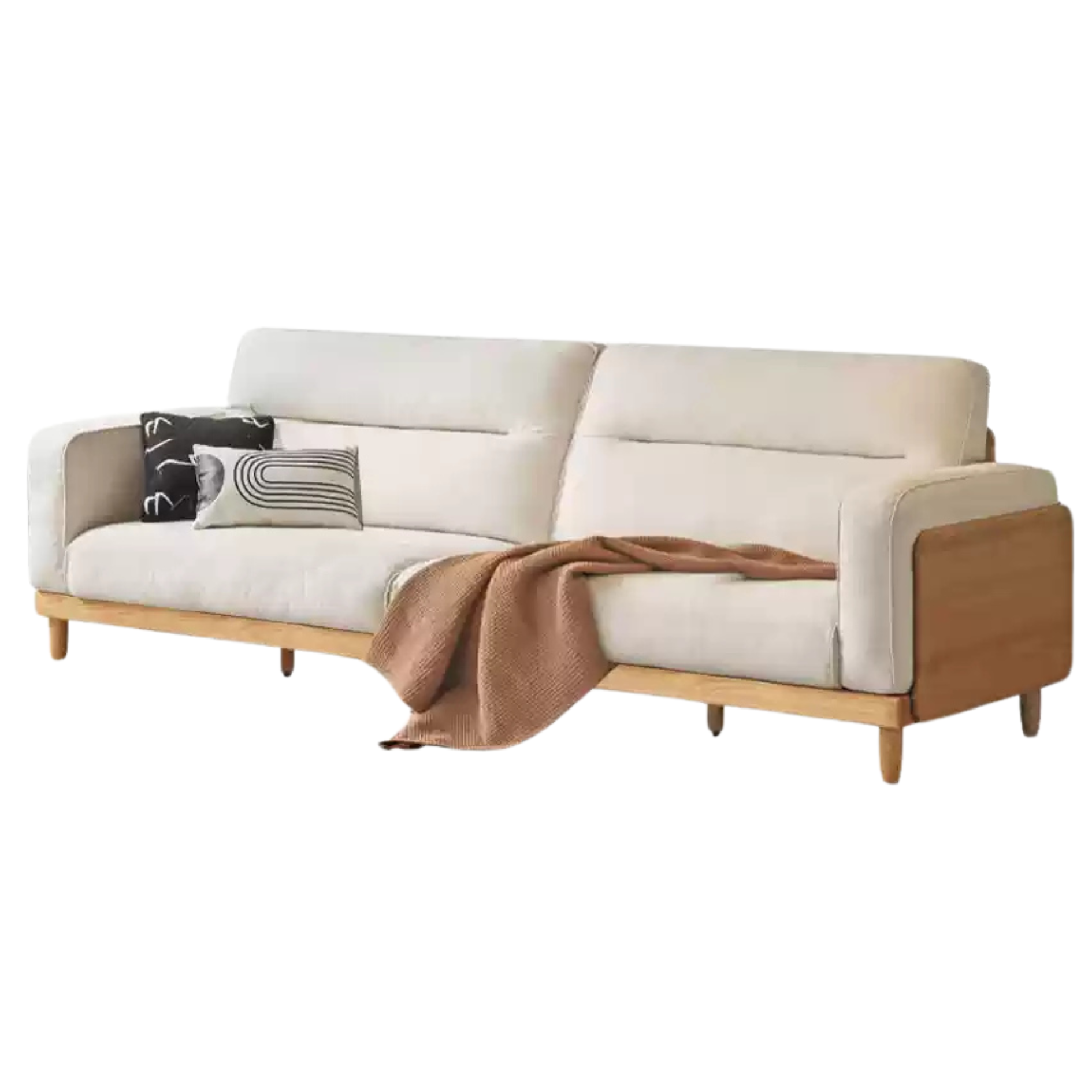 Oak Solid Wood Straight High Back Cloth Leather Sofa,