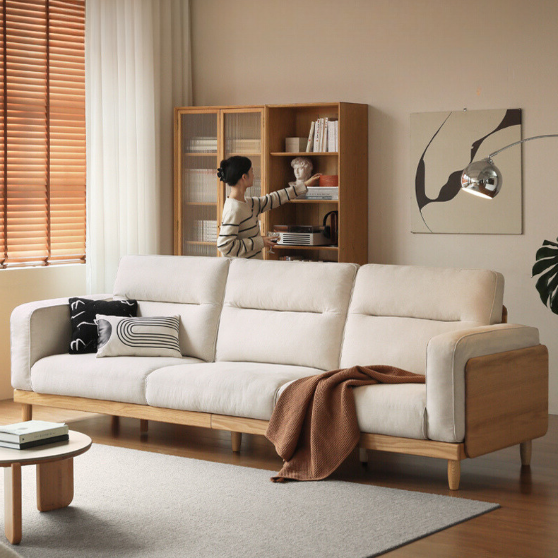 Oak Solid Wood Straight High Back Cloth Leather Sofa,