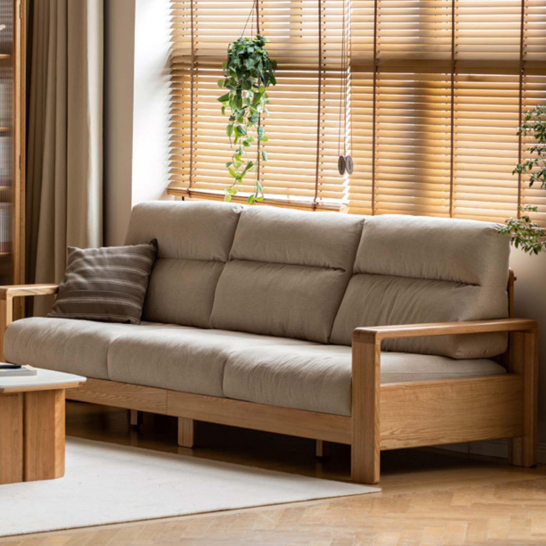 Oak Solid Wood Fabric Sofa Modern.