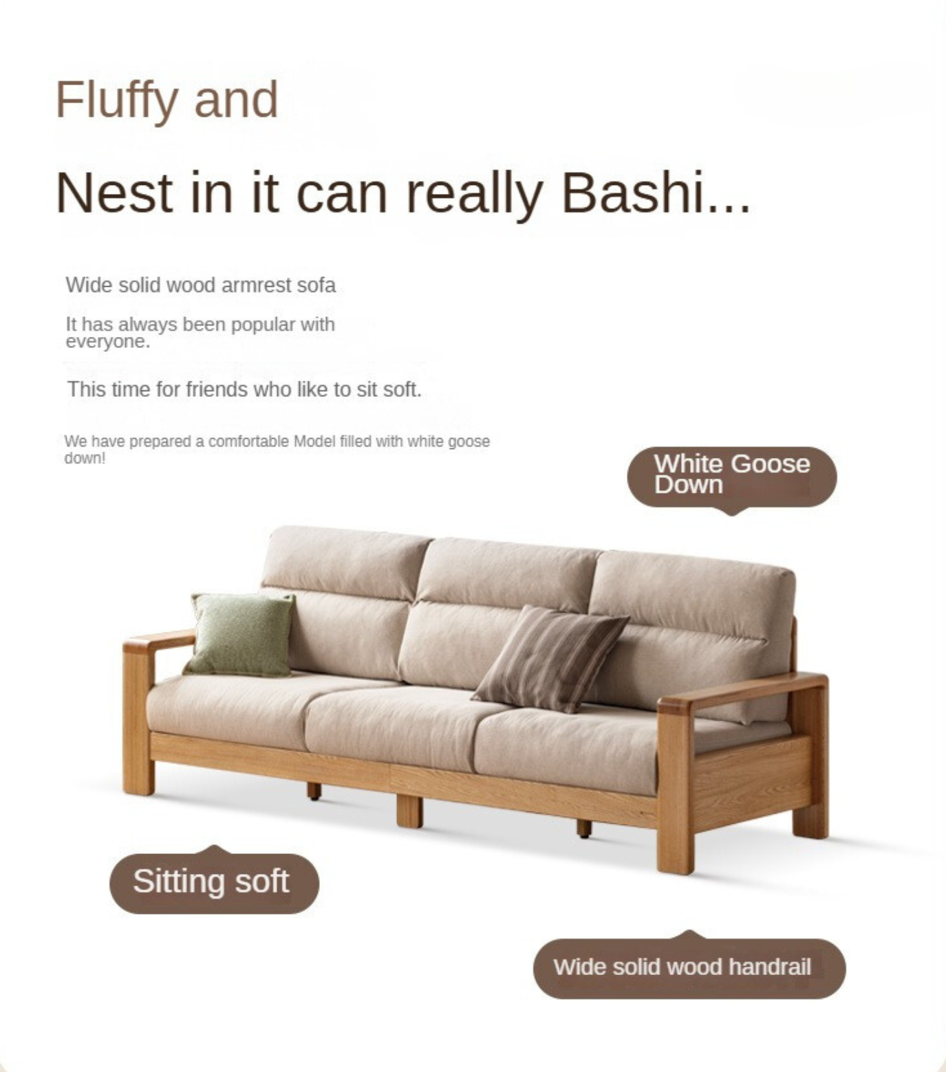 Oak Solid Wood Fabric Sofa Modern.