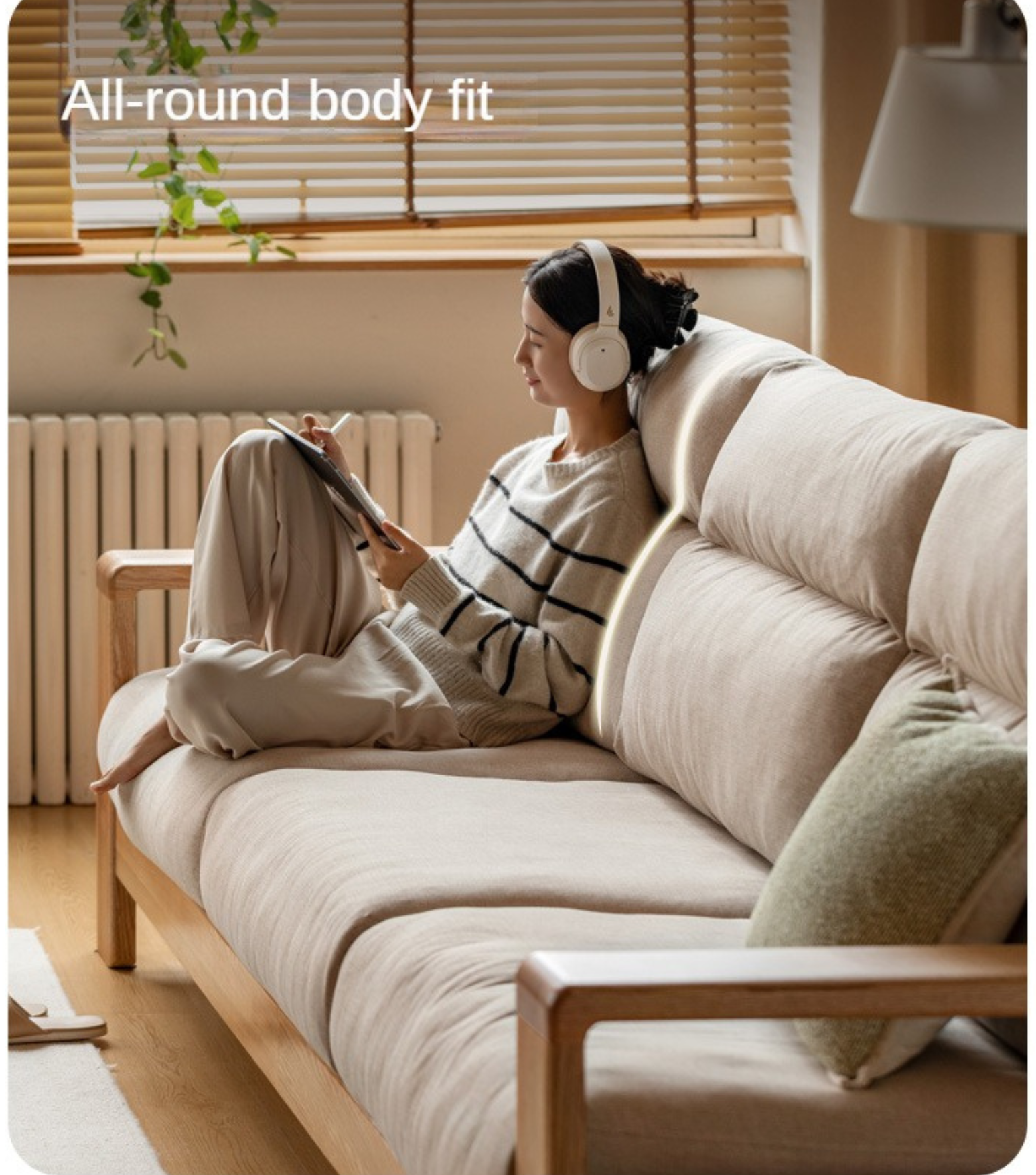 Oak Solid Wood Fabric Sofa Modern.
