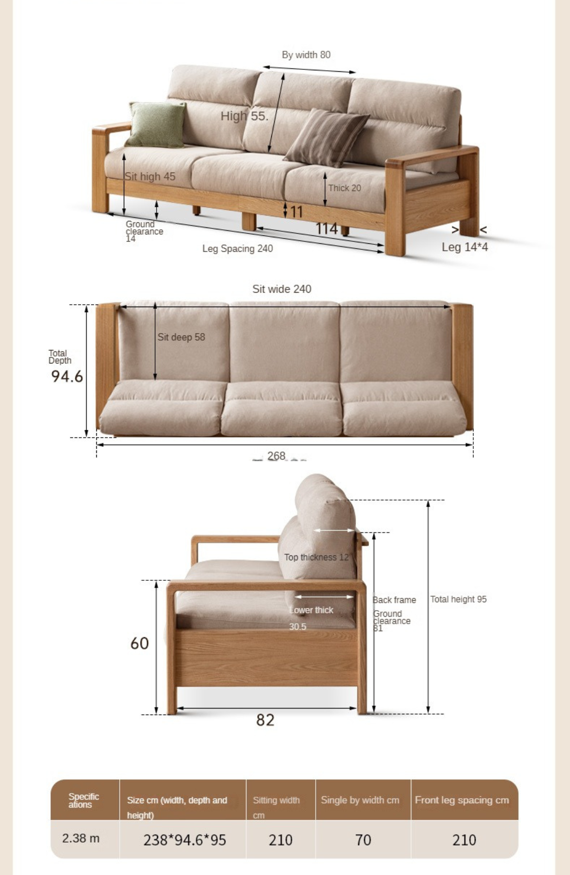 Oak Solid Wood Fabric Sofa Modern.