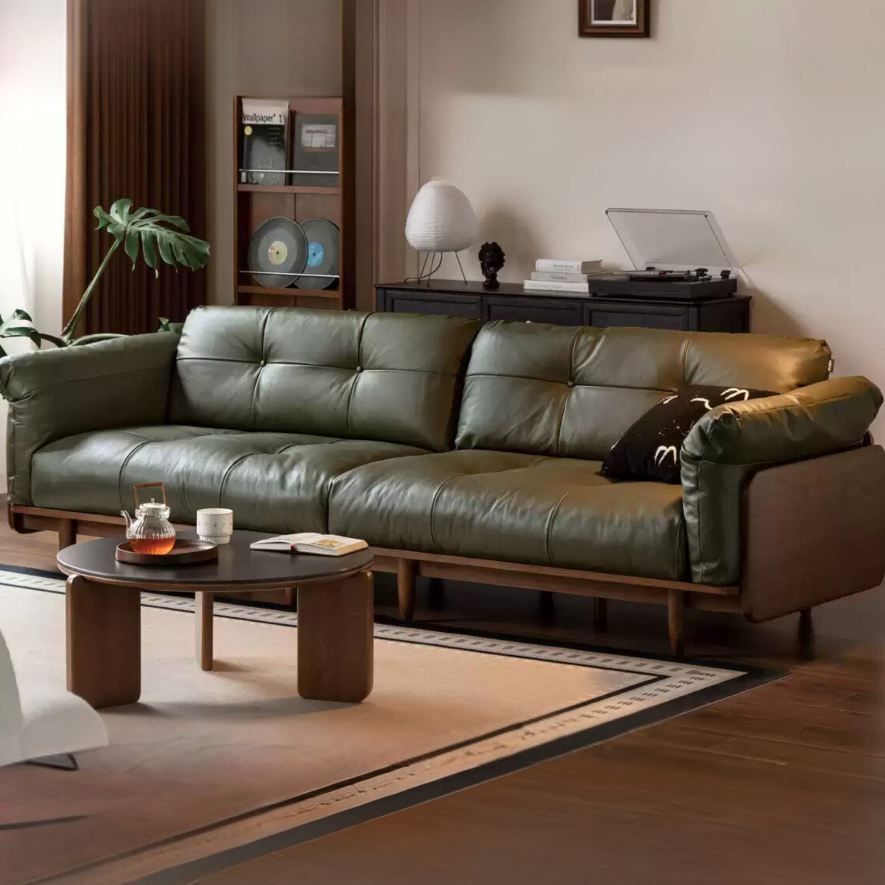 Black Walnut Solid Wood Genuine Leather Sofa.