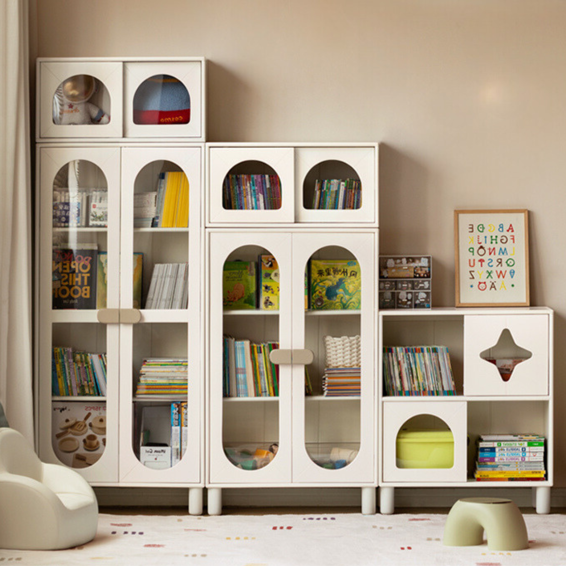 Rubber Solid Wood Children's Cream Style Сombination Bookshelf