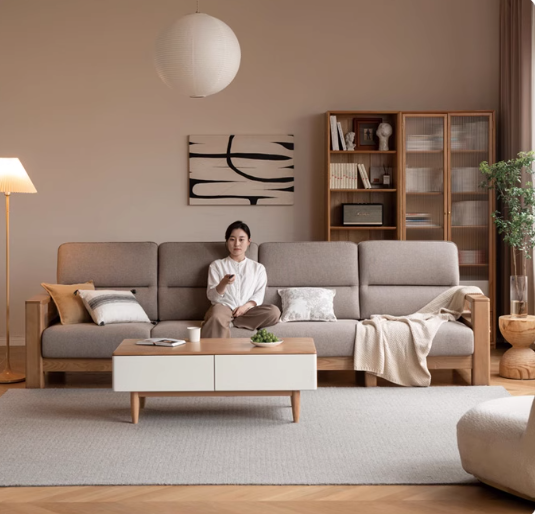 Ash, Black Walnut Solid Wood White Wax Fabric Sofa.
