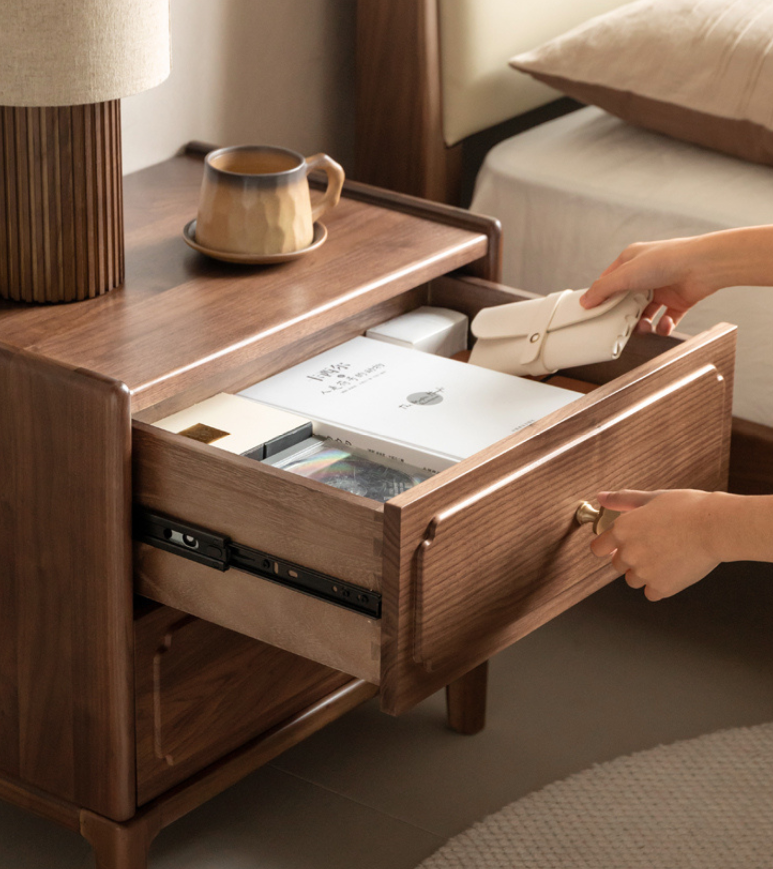 Black Walnut, Oak Solid Wood Nightstand.