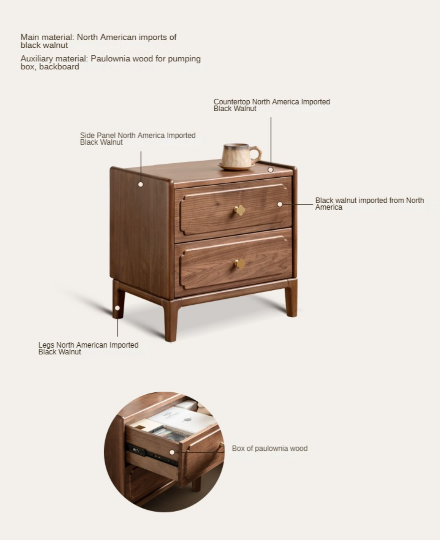 Black Walnut, Oak Solid Wood Nightstand.