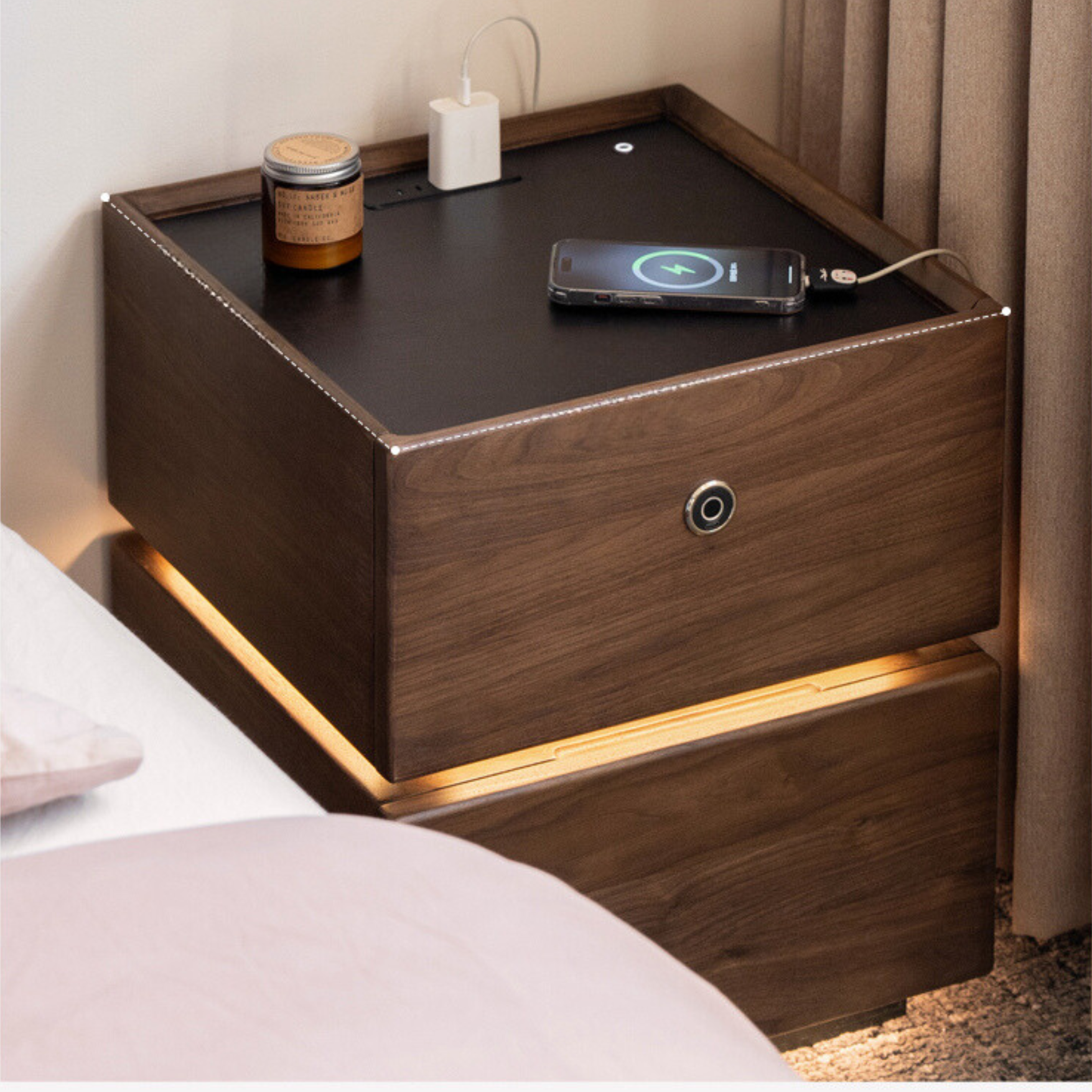 Black Walnut Solid Wood Multifunctional Nightstand.