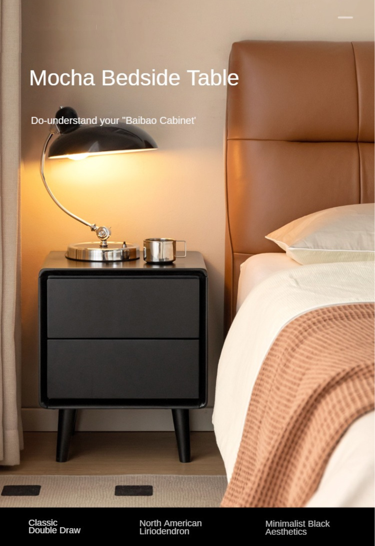 Solid RubberWood Black Nightstand.