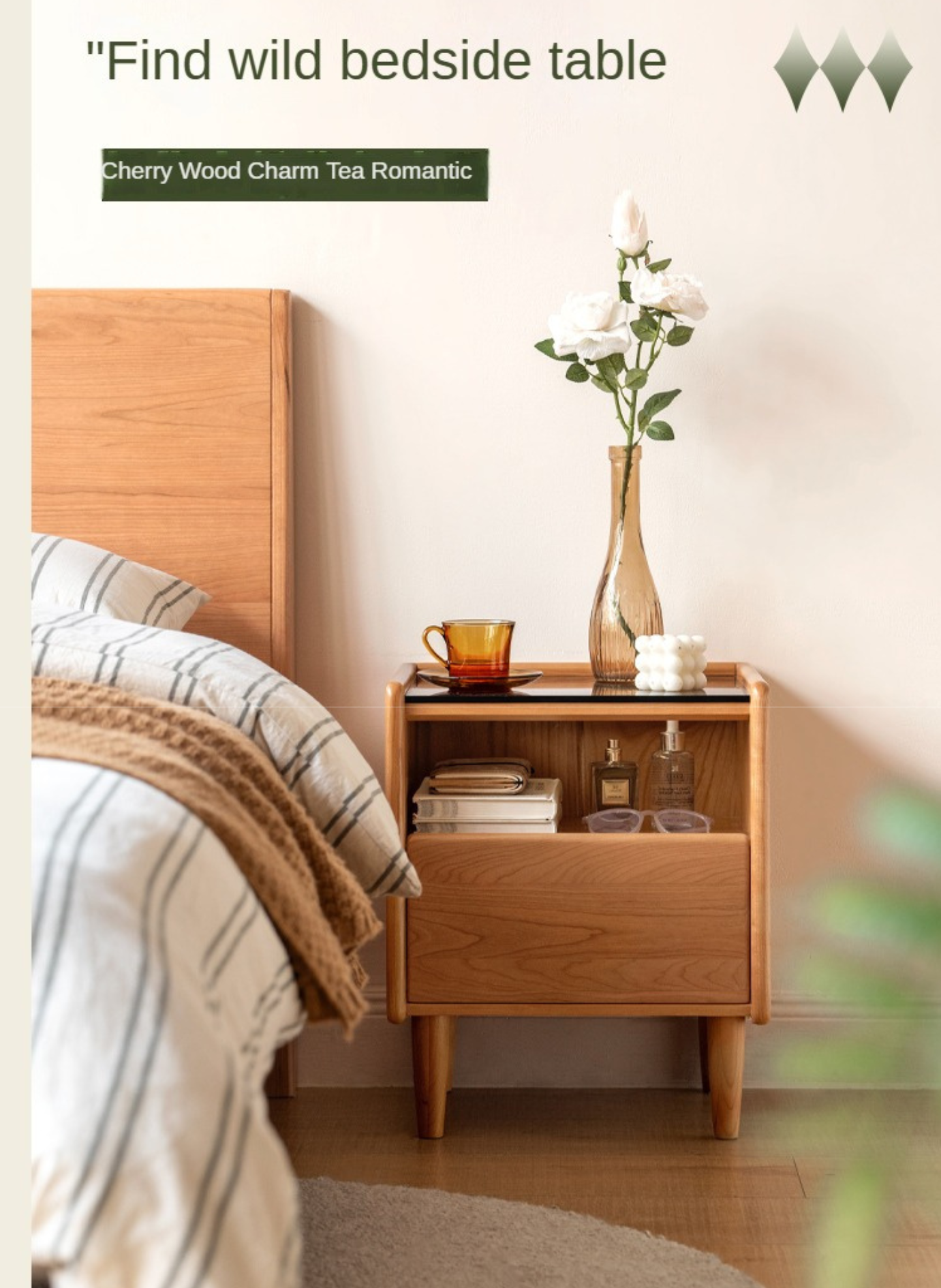 Cherry, Ash Solid Wood Small Nightstand.