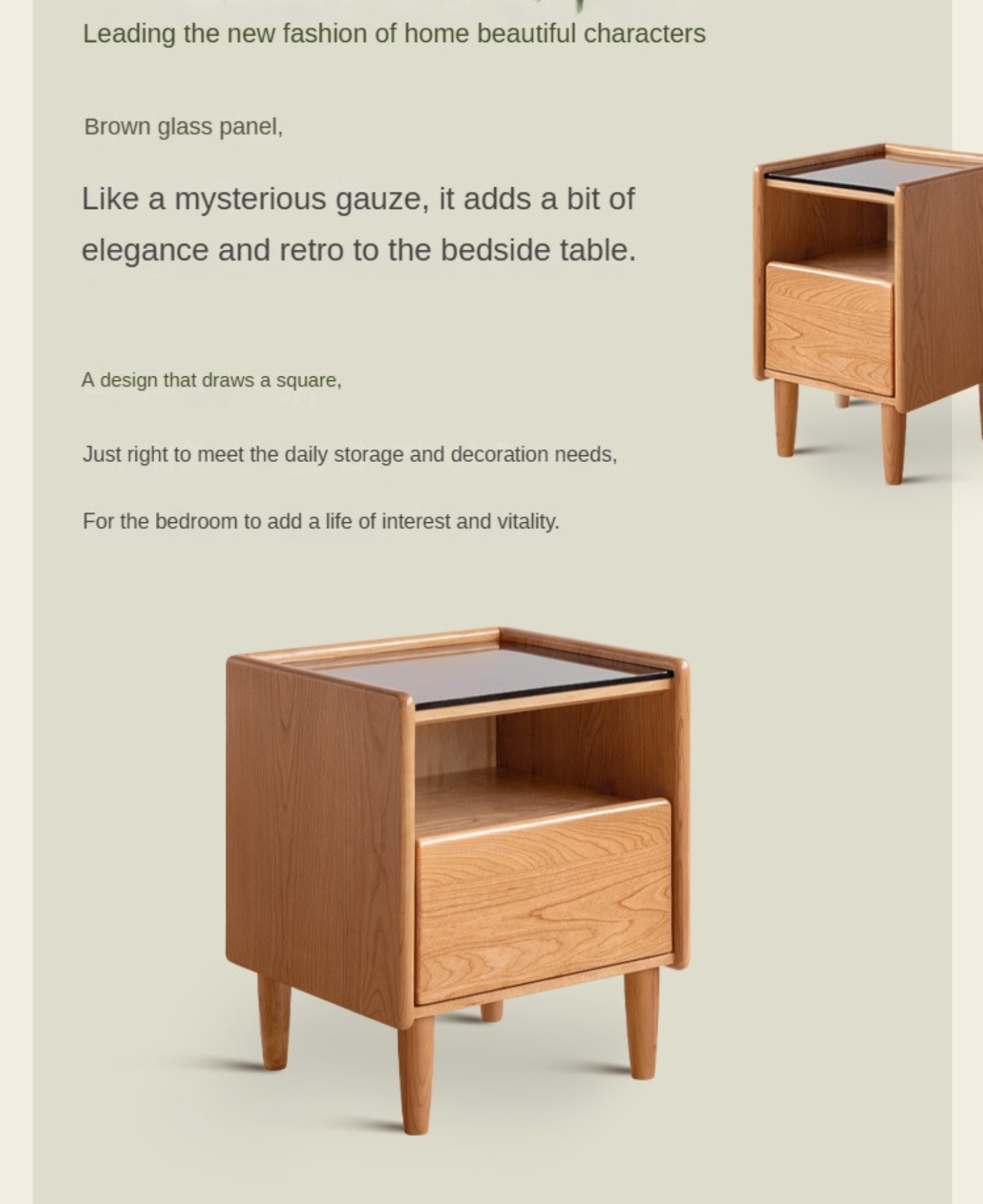 Cherry, Ash Solid Wood Small Nightstand.