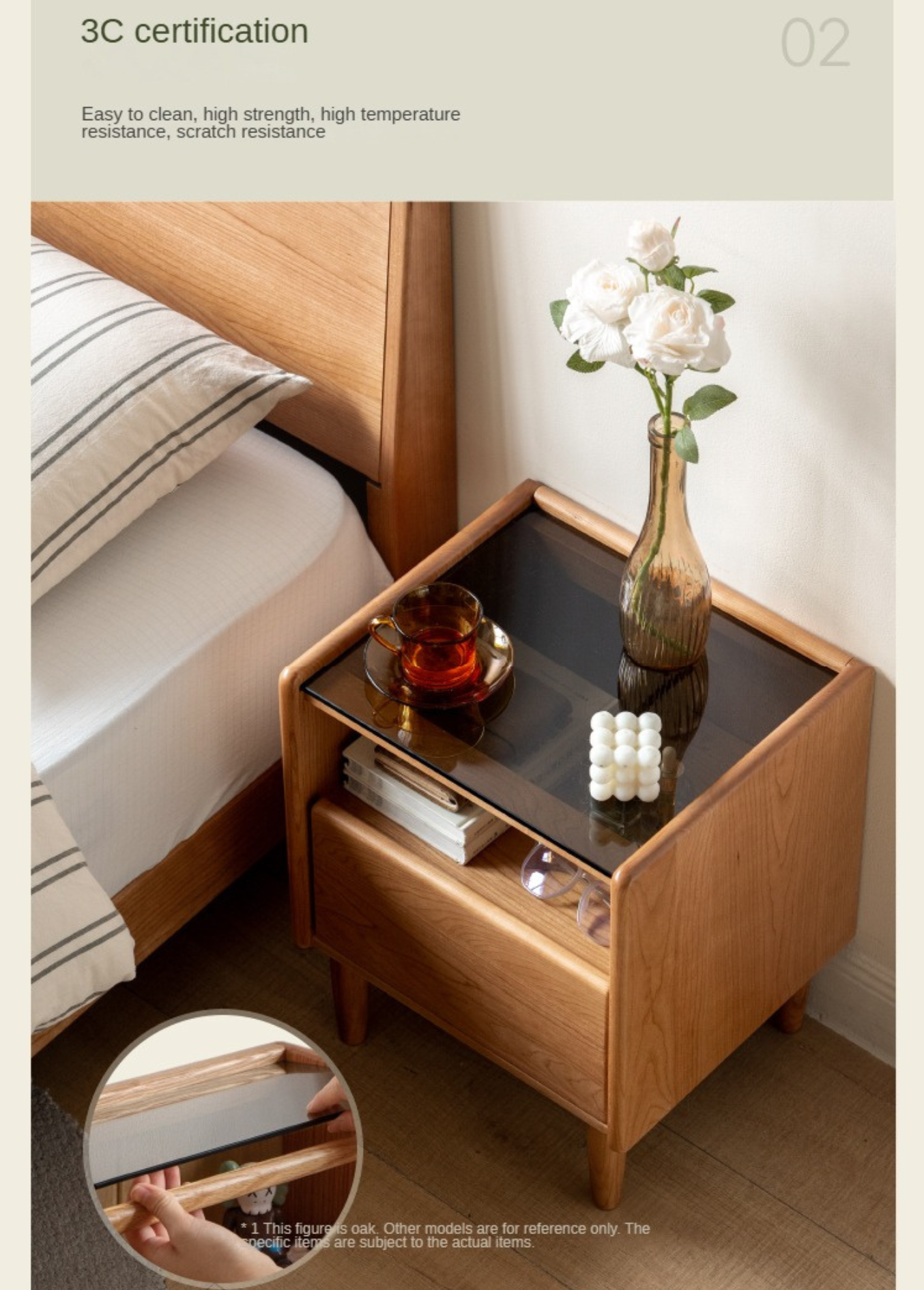 Cherry, Ash Solid Wood Small Nightstand.