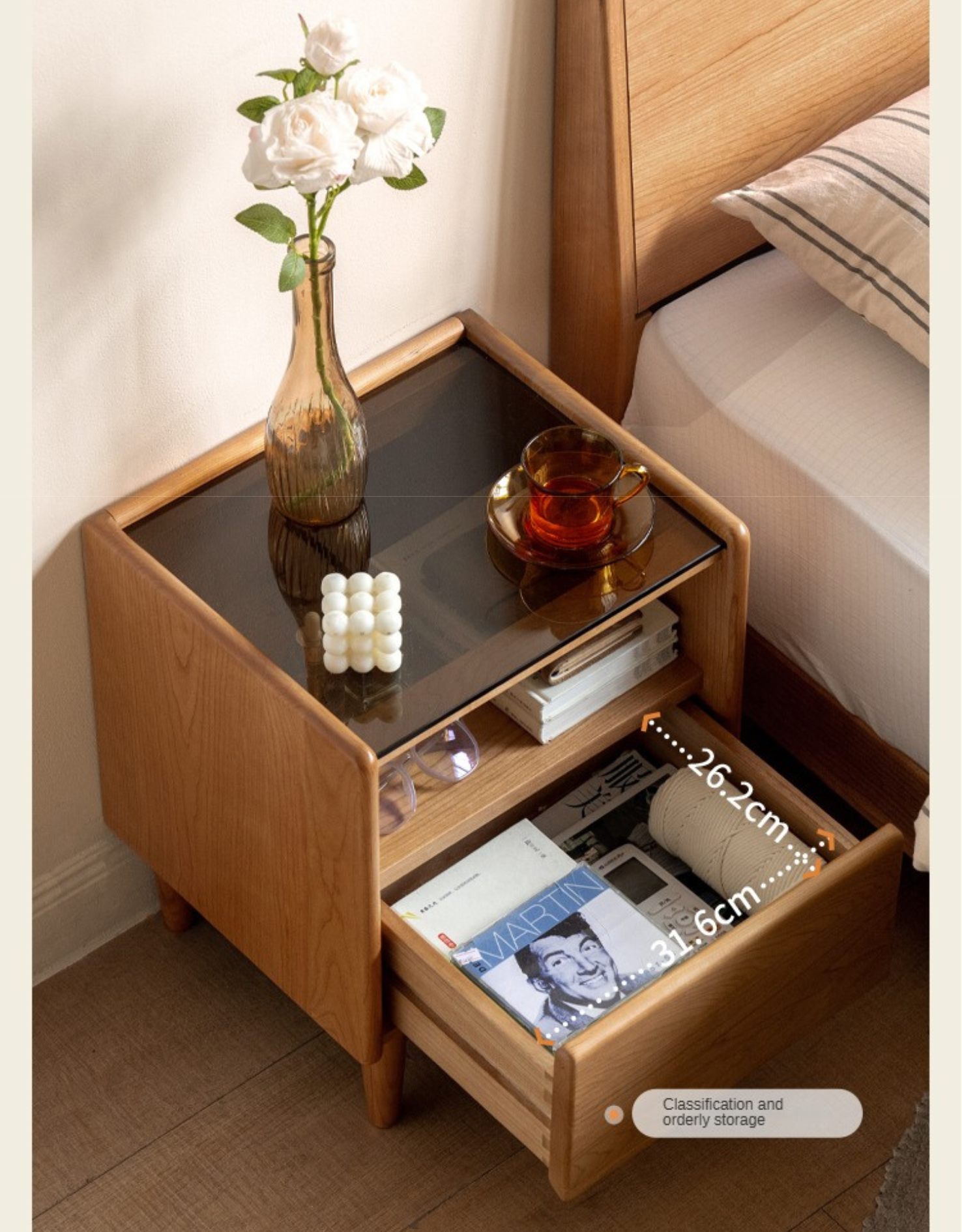 Cherry, Ash Solid Wood Small Nightstand.