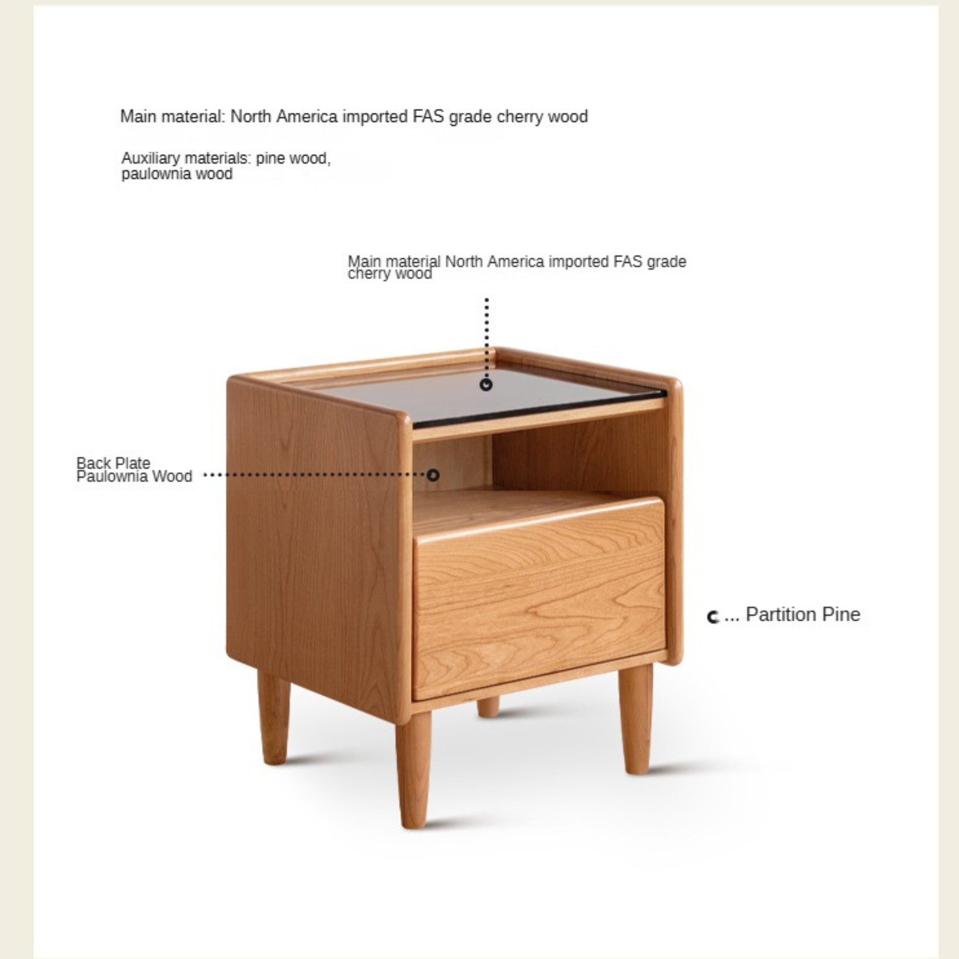 Cherry, Ash Solid Wood Small Nightstand.