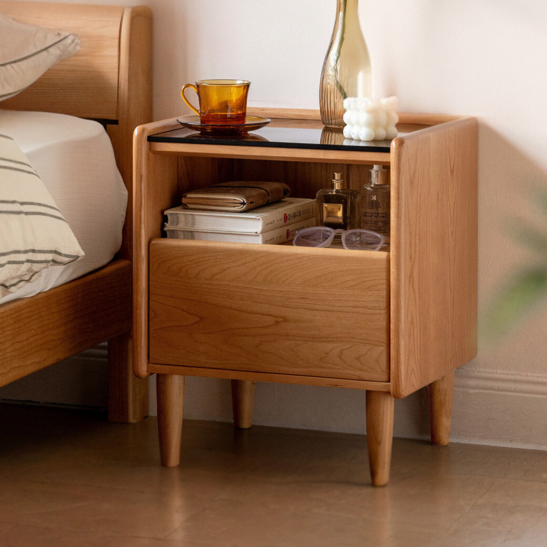 Cherry, Ash Solid Wood Small Nightstand.