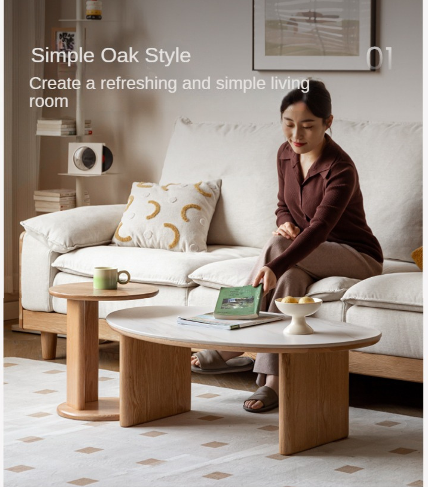 Oak Solid Wood Modern Rock Plate Coffee Table.