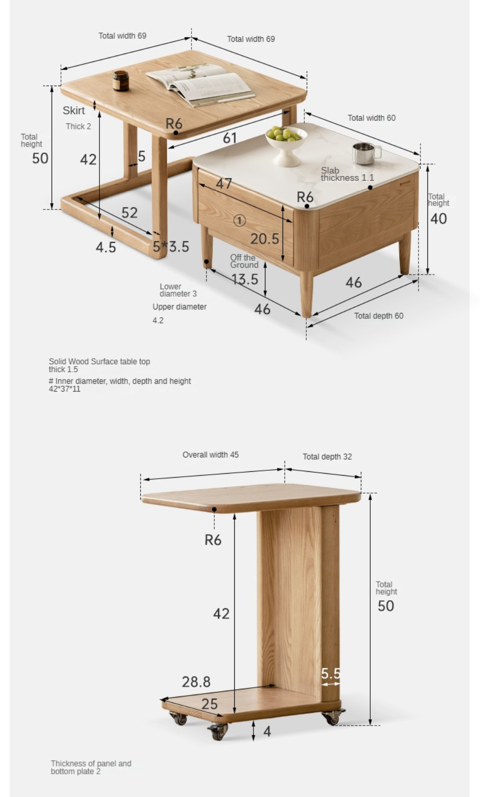 Ash Solid Wood Modern Rock Board Square Coffee Table