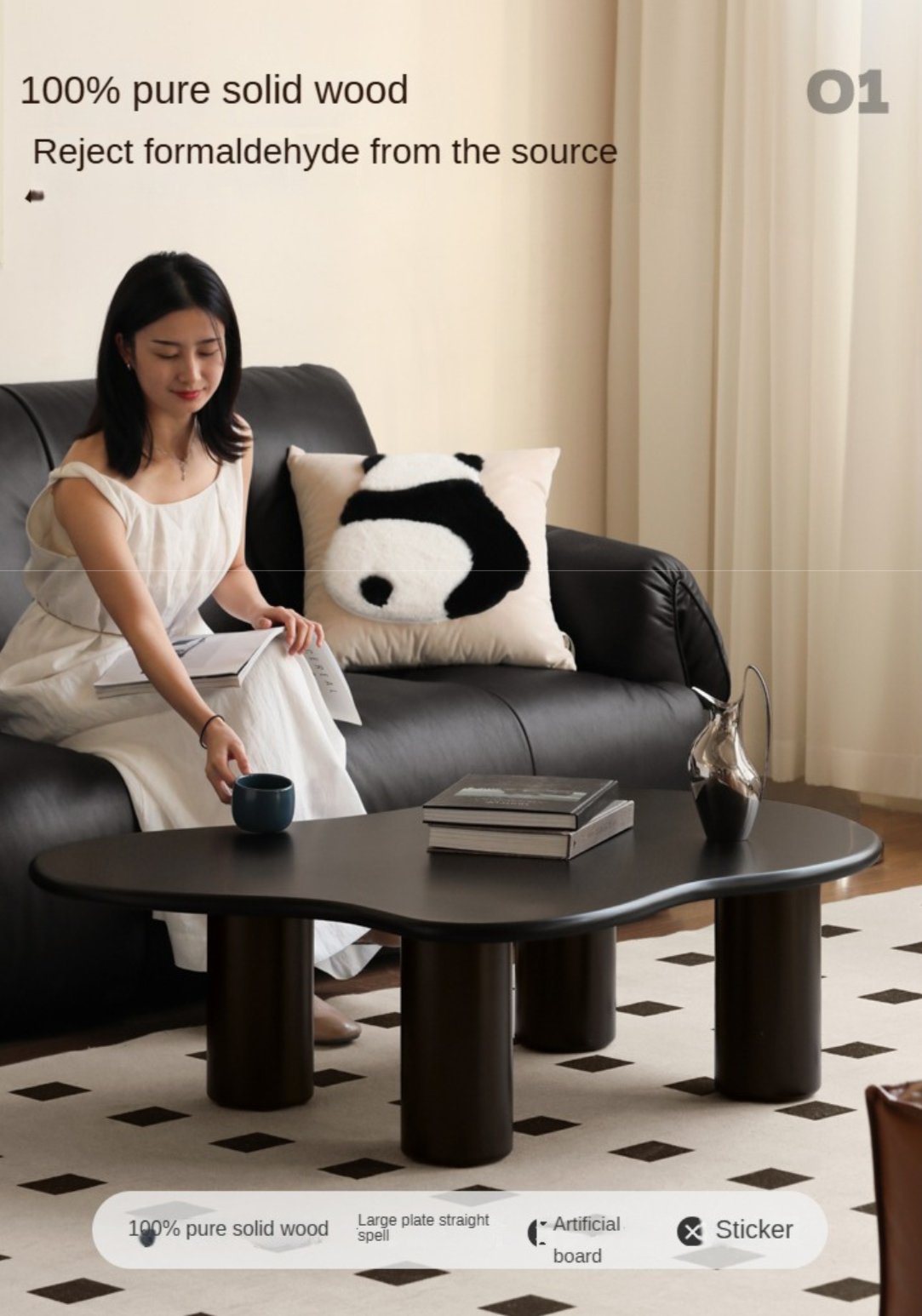 Rubber Solid Wood Black Coffee Table.