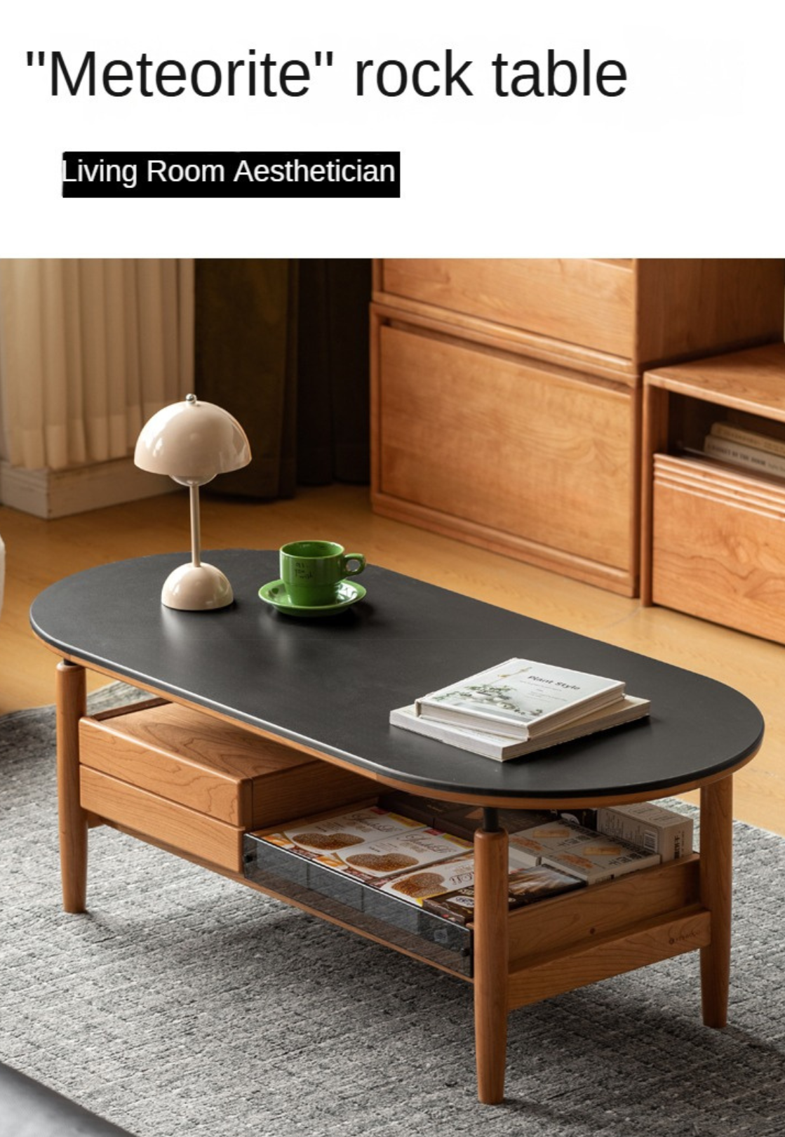Cherry Solid Wood Modern Rock Coffee Table with Drawer