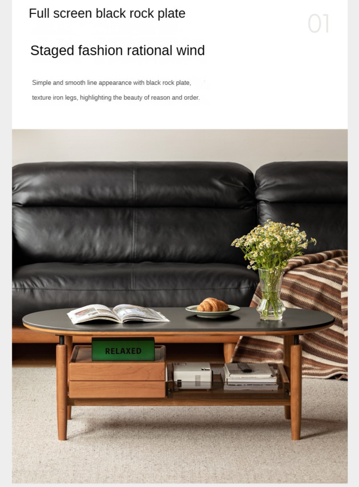 Cherry Solid Wood Modern Rock Coffee Table with Drawer