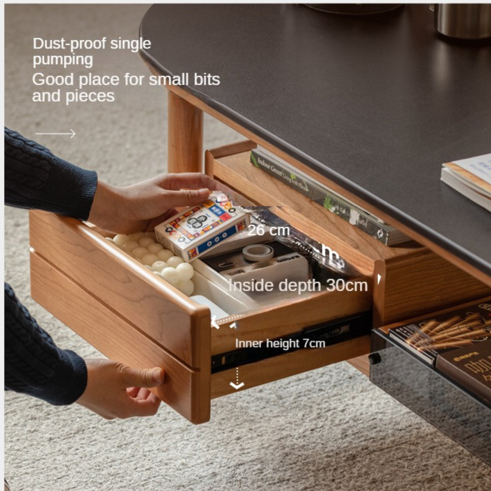 Cherry Solid Wood Modern Rock Coffee Table with Drawer