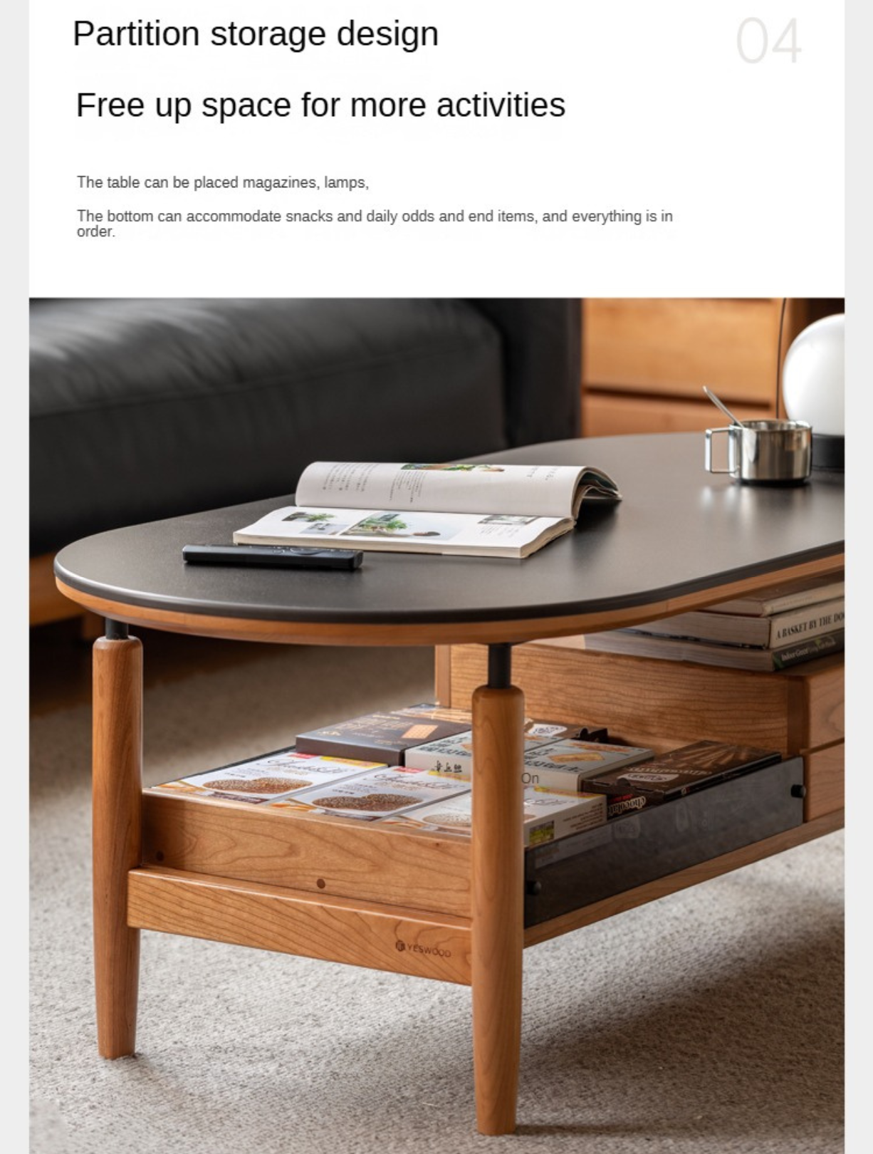 Cherry Solid Wood Modern Rock Coffee Table with Drawer