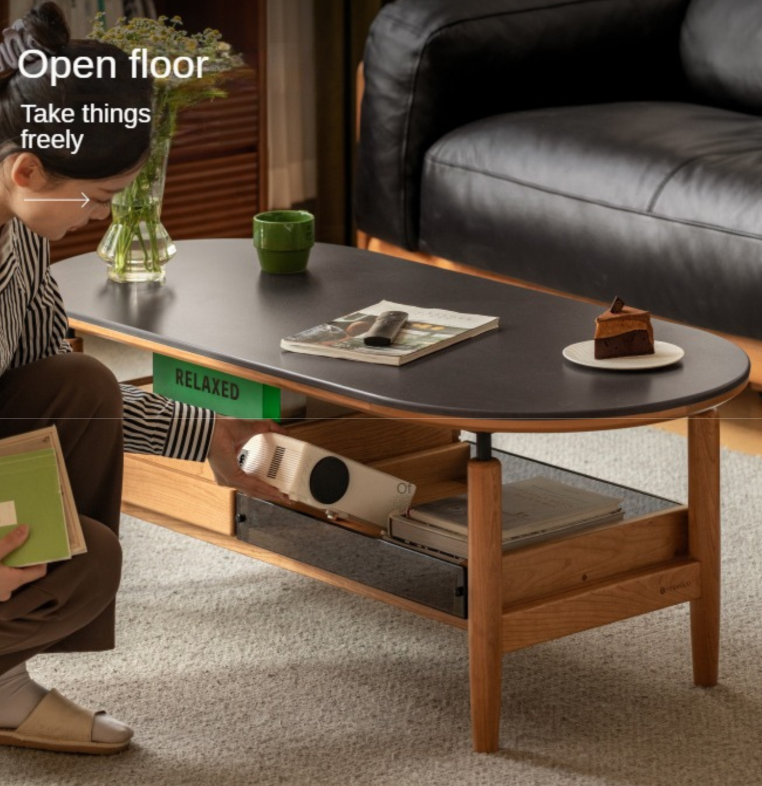 Cherry Solid Wood Modern Rock Coffee Table with Drawer