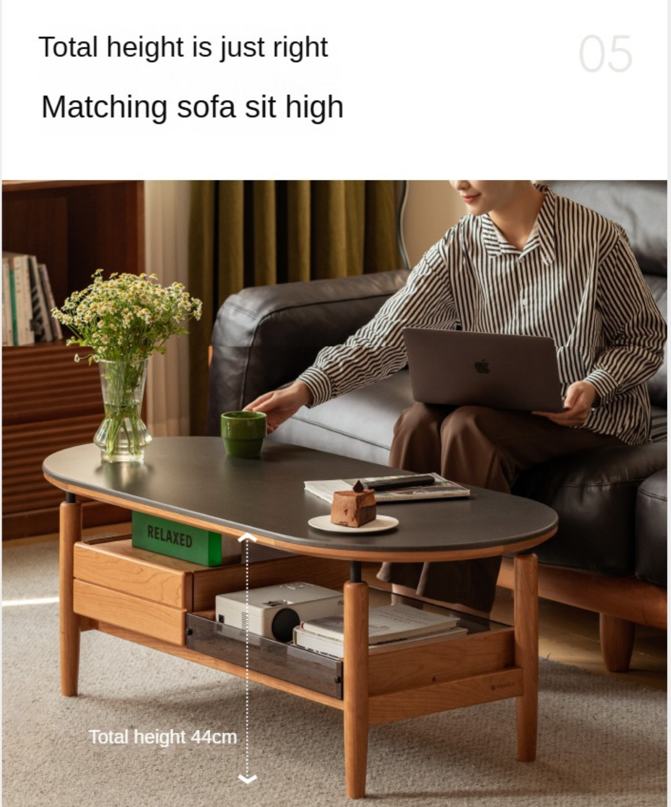 Cherry Solid Wood Modern Rock Coffee Table with Drawer