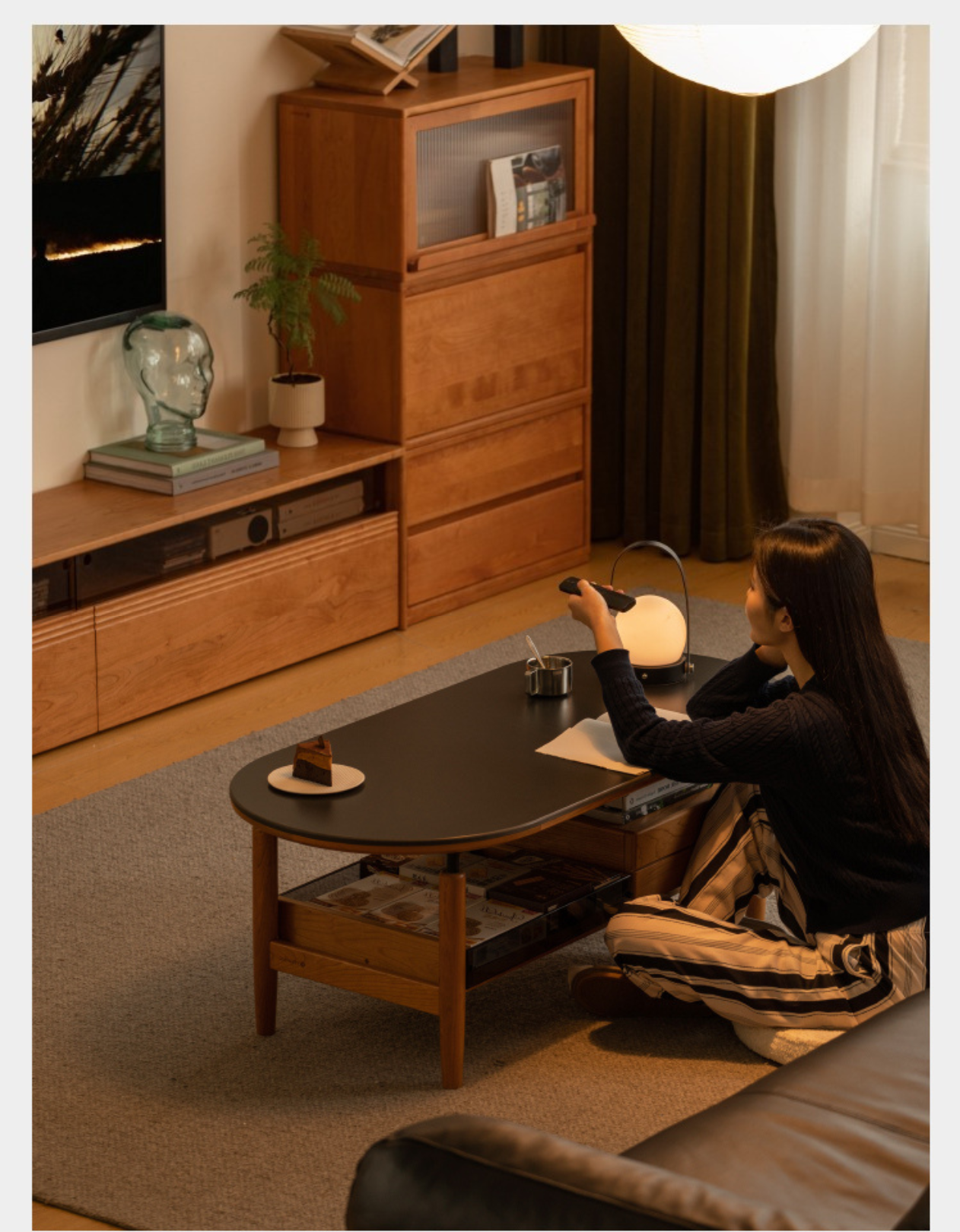 Cherry Solid Wood Modern Rock Coffee Table with Drawer