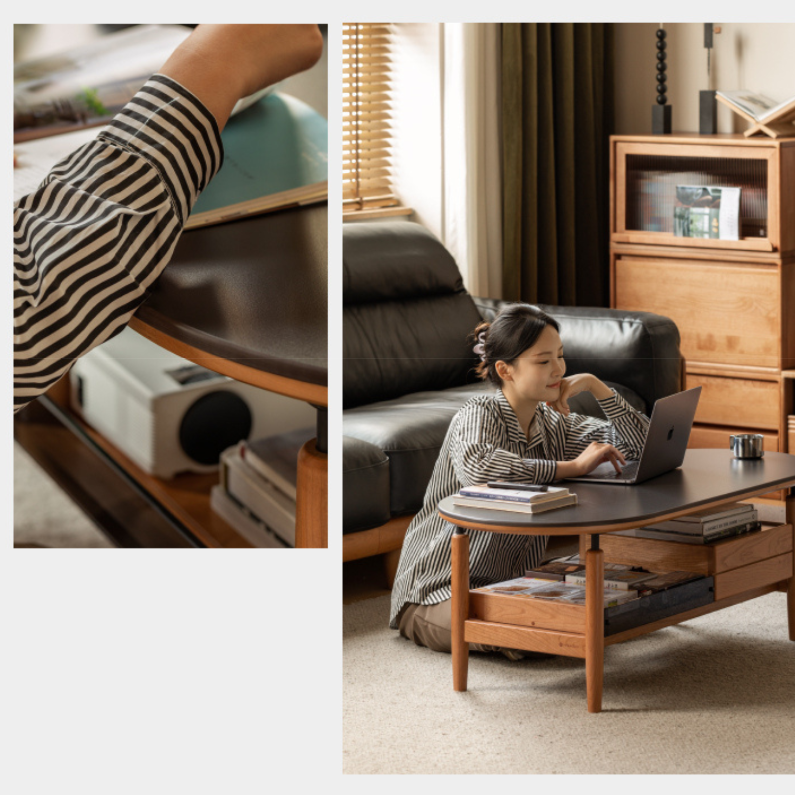Cherry Solid Wood Modern Rock Coffee Table with Drawer