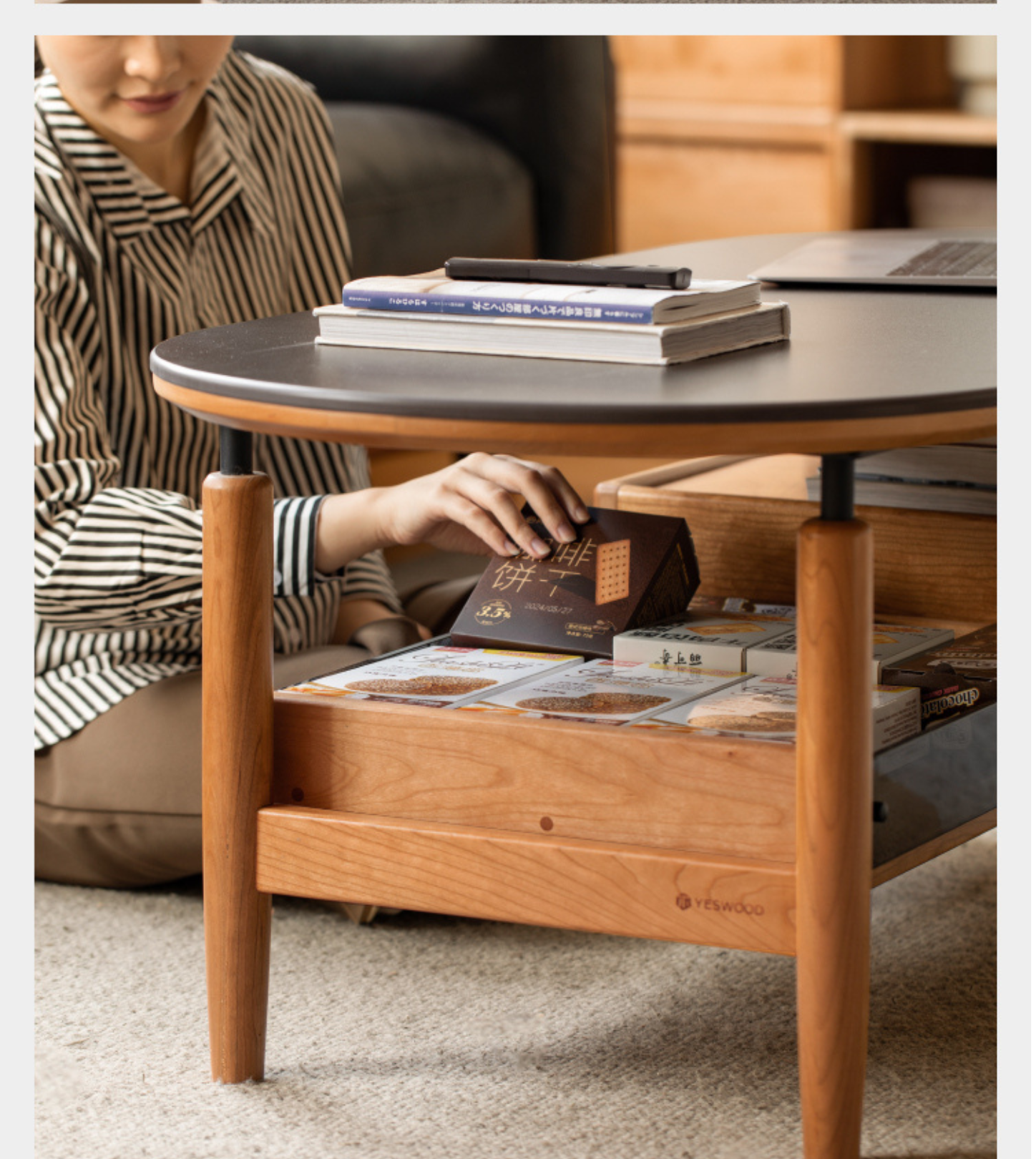 Cherry Solid Wood Modern Rock Coffee Table with Drawer